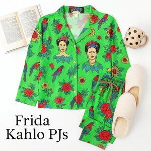SHEIN X Frida Kahlo Pajama Set XS Green Floral Art Print Top & Pants